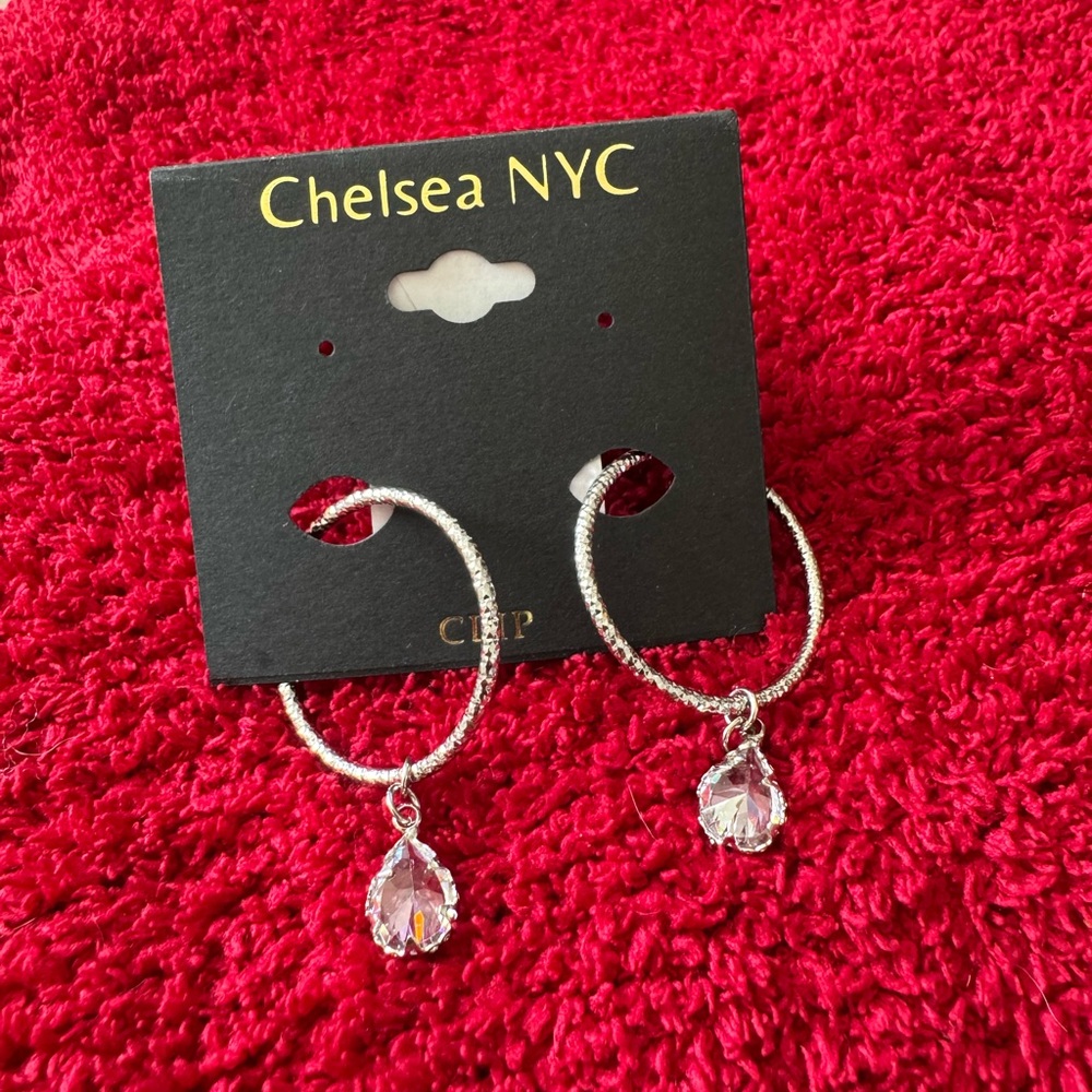 Silver Hoop Earrings with Crystal Charm